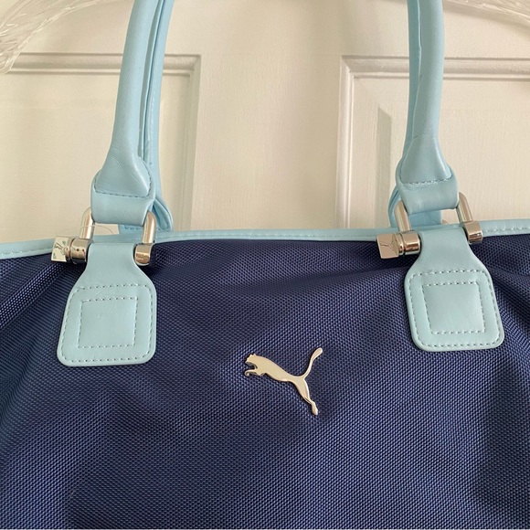 Puma Cartel Tote Bag Dark Blue with Light Blue Trim Silver Hardware Zipper NWT - Picture 4 of 16